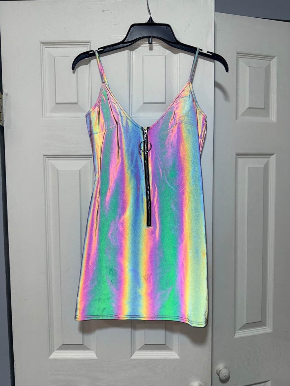 Iridescent Zip-Front Spaghetti Strap Camisole Dress - Multi Holographic